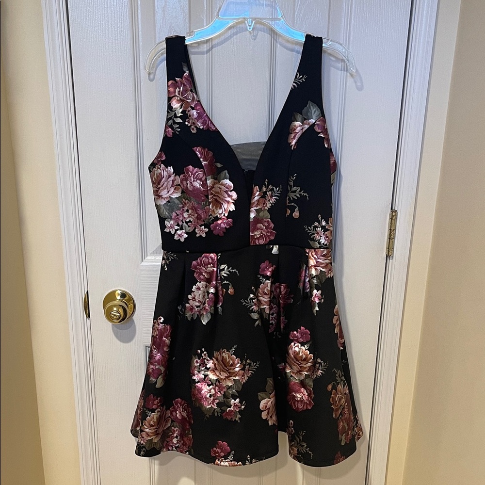 Crystal Doll Black and Pink Floral Mini Dress